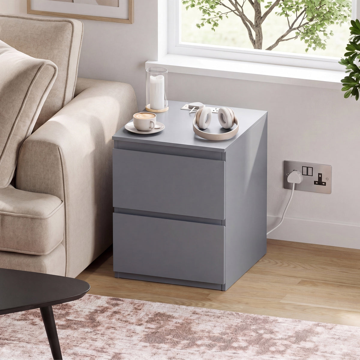 Denver 2 Drawer Large Bedside Chest Table with Power Outlet, Set of 2, Grey