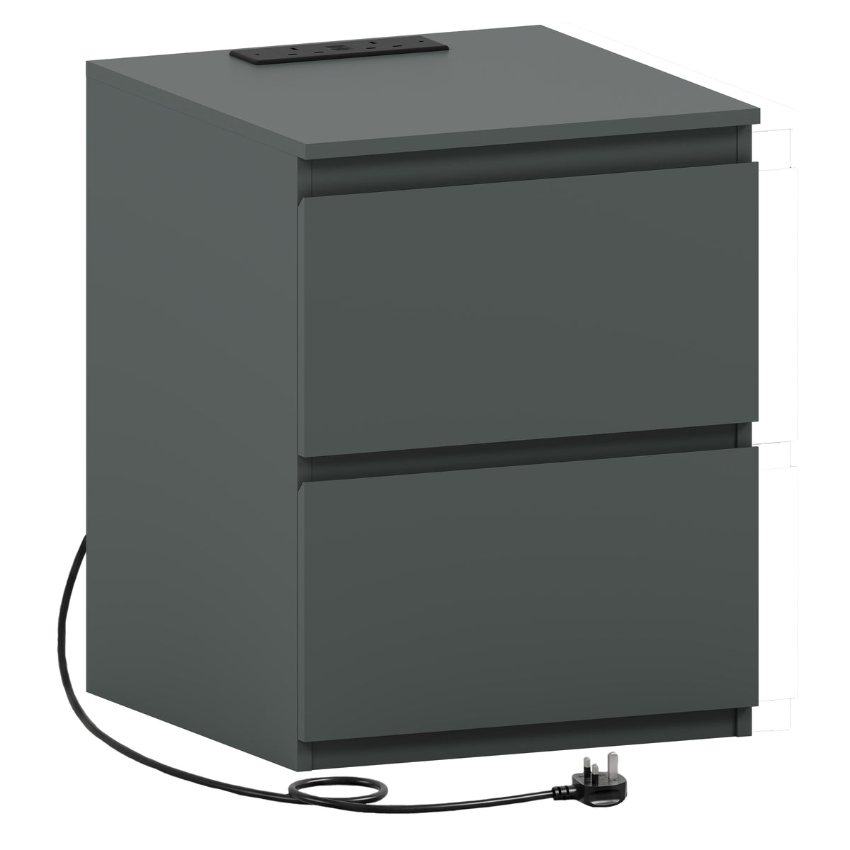 Denver 2 Drawer large Bedside Chest Table, Jasper Green, with Power Outlet for bedroom storage
