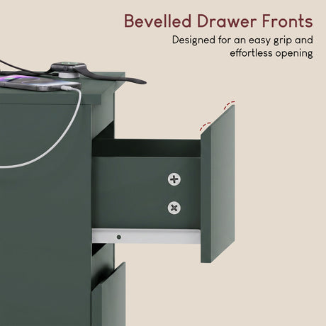 Denver 2 Drawer large Bedside Chest Table, Green, with Power Outlet for bedroom Storage, Set

