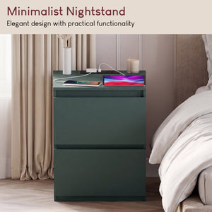 Denver 2 Drawer large Bedside Chest Table, Green, with Power Outlet for bedroom Storage, Set
