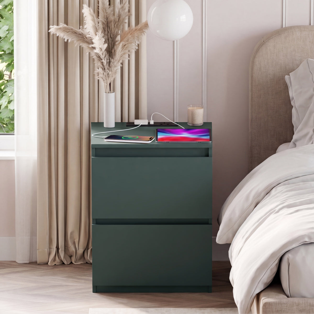 Denver 2 Drawer Large Bedside Chest Table with Power Outlet, Jasper Green