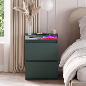 Denver 2 Drawer Large Bedside Chest Table with Power Outlet, Jasper Green