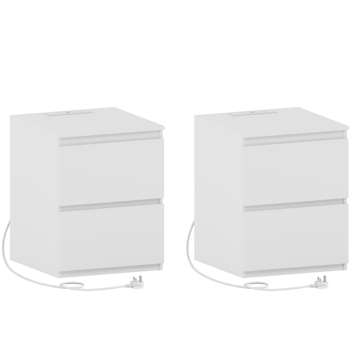 Denver 2 Drawer large Bedside Chest Table, white, with Power Outlet for bedroom Storage, Set
