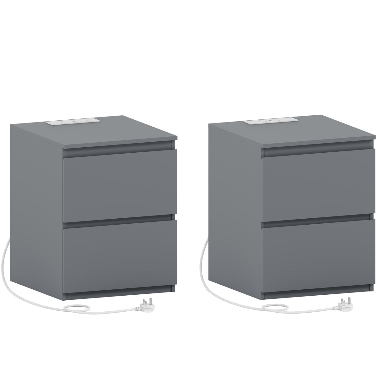 Denver 2 Drawer large Bedside Chest Table, grey, with Power Outlet for bedroom Storage, Set
