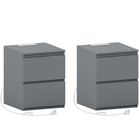 Denver 2 Drawer large Bedside Chest Table, grey, with Power Outlet for bedroom Storage, Set
