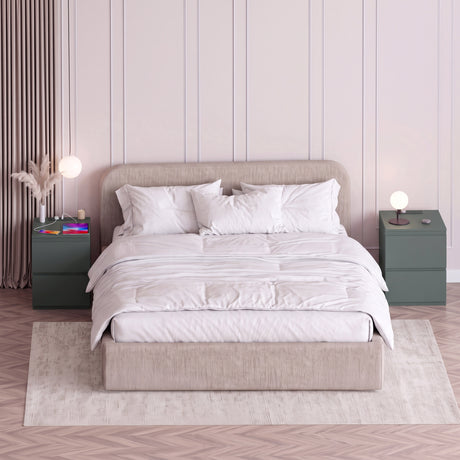 Denver 2 Drawer large Bedside Chest Table, Green, with Power Outlet for bedroom Storage, Set
