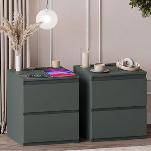 Denver 2 Drawer large Bedside Chest Table, Green, with Power Outlet for bedroom Storage, Set
