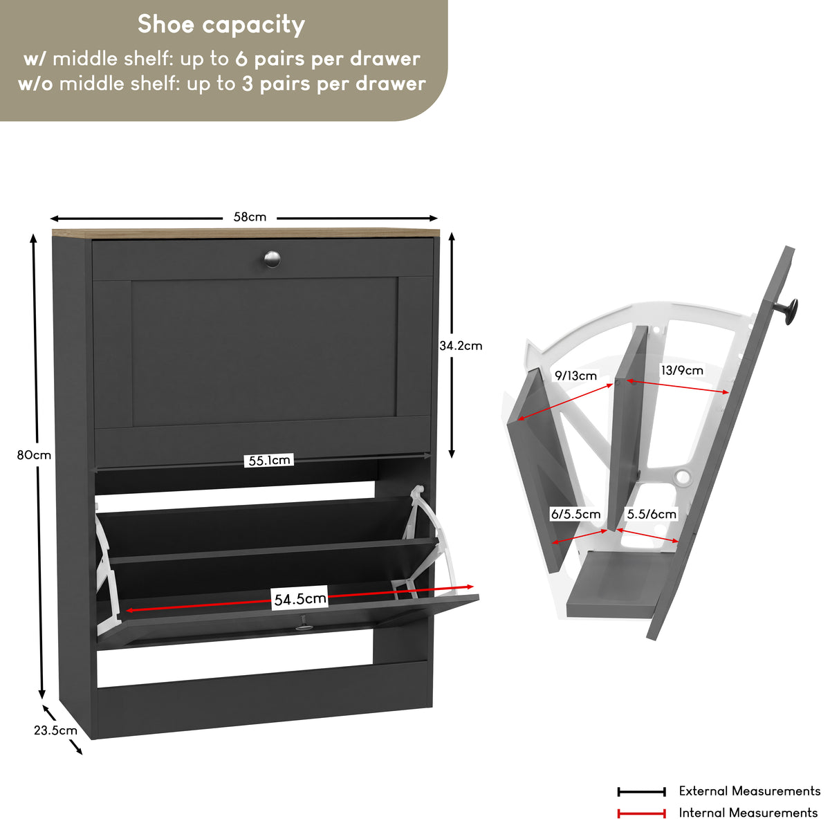 2 Drawer Shoe Cabinet, Charcoal Grey & Oak