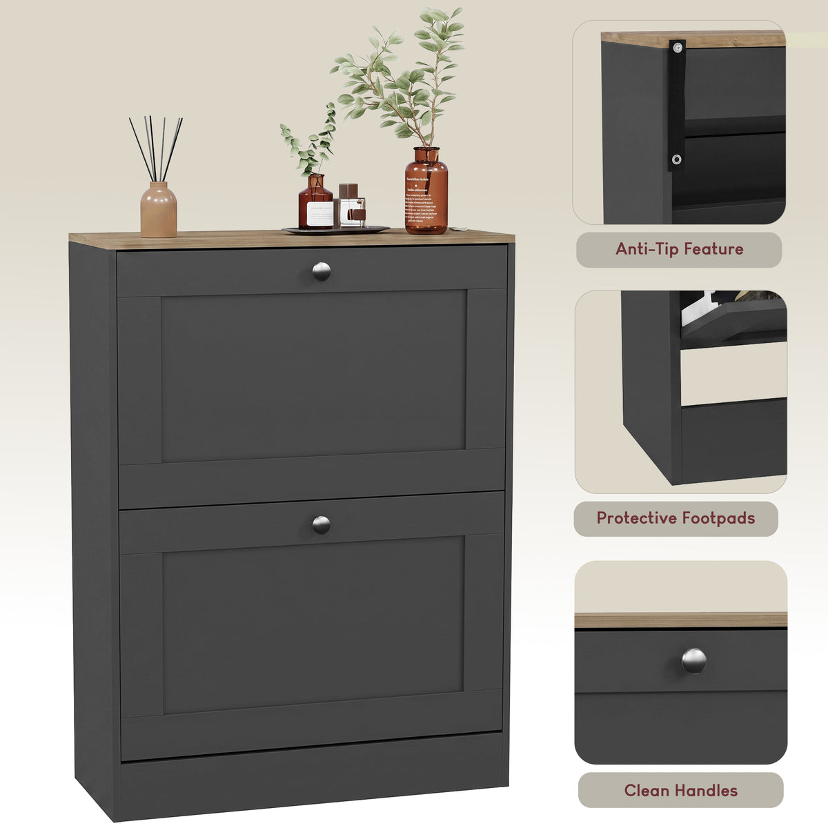 2 Drawer Shoe Cabinet, Charcoal Grey & Oak