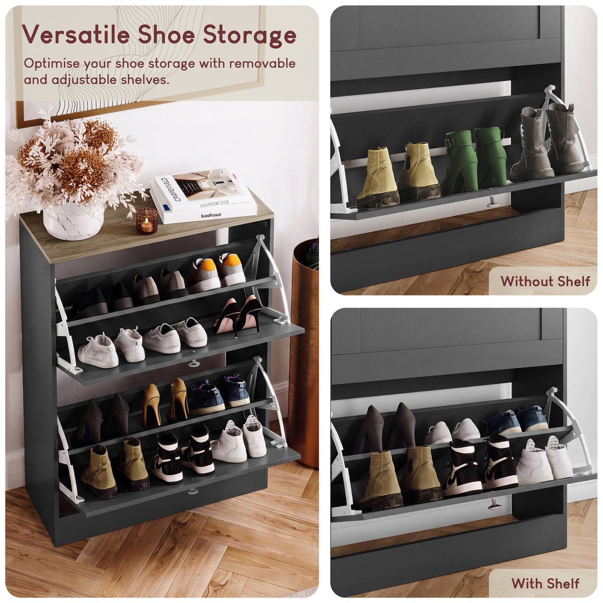 2 Drawer Shoe Cabinet, Charcoal Grey & Oak