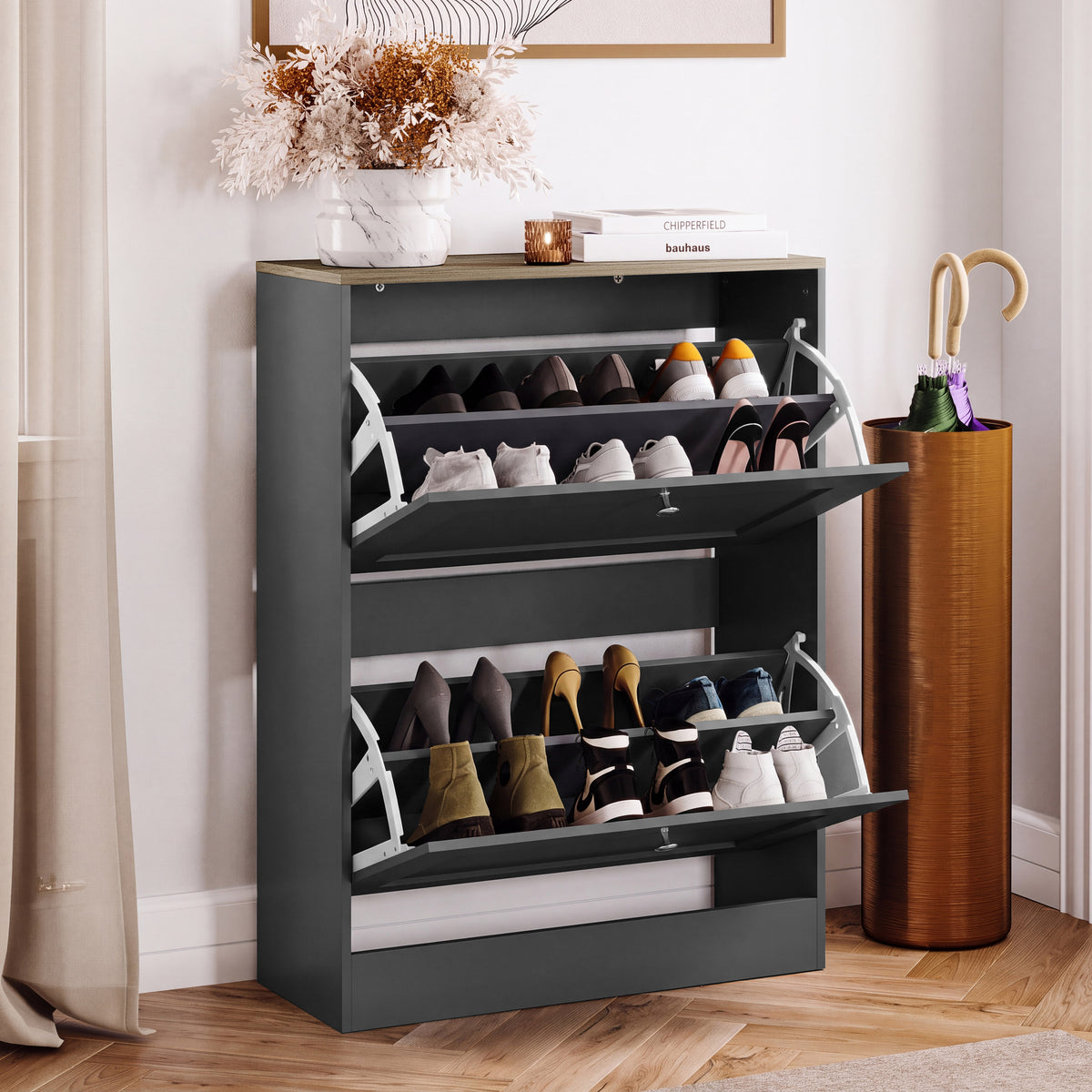2 Drawer Shoe Cabinet, Charcoal Grey & Oak