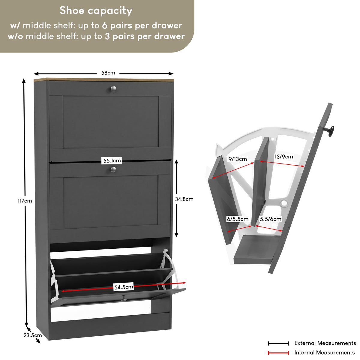 3 Drawer Shoe Cabinet, Charcoal Grey & Oak