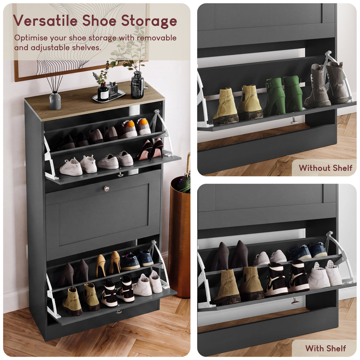 3 Drawer Shoe Cabinet, Charcoal Grey & Oak