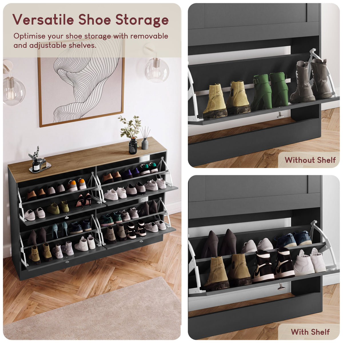 4 Drawer Shoe Cabinet, Charcoal Grey & Oak