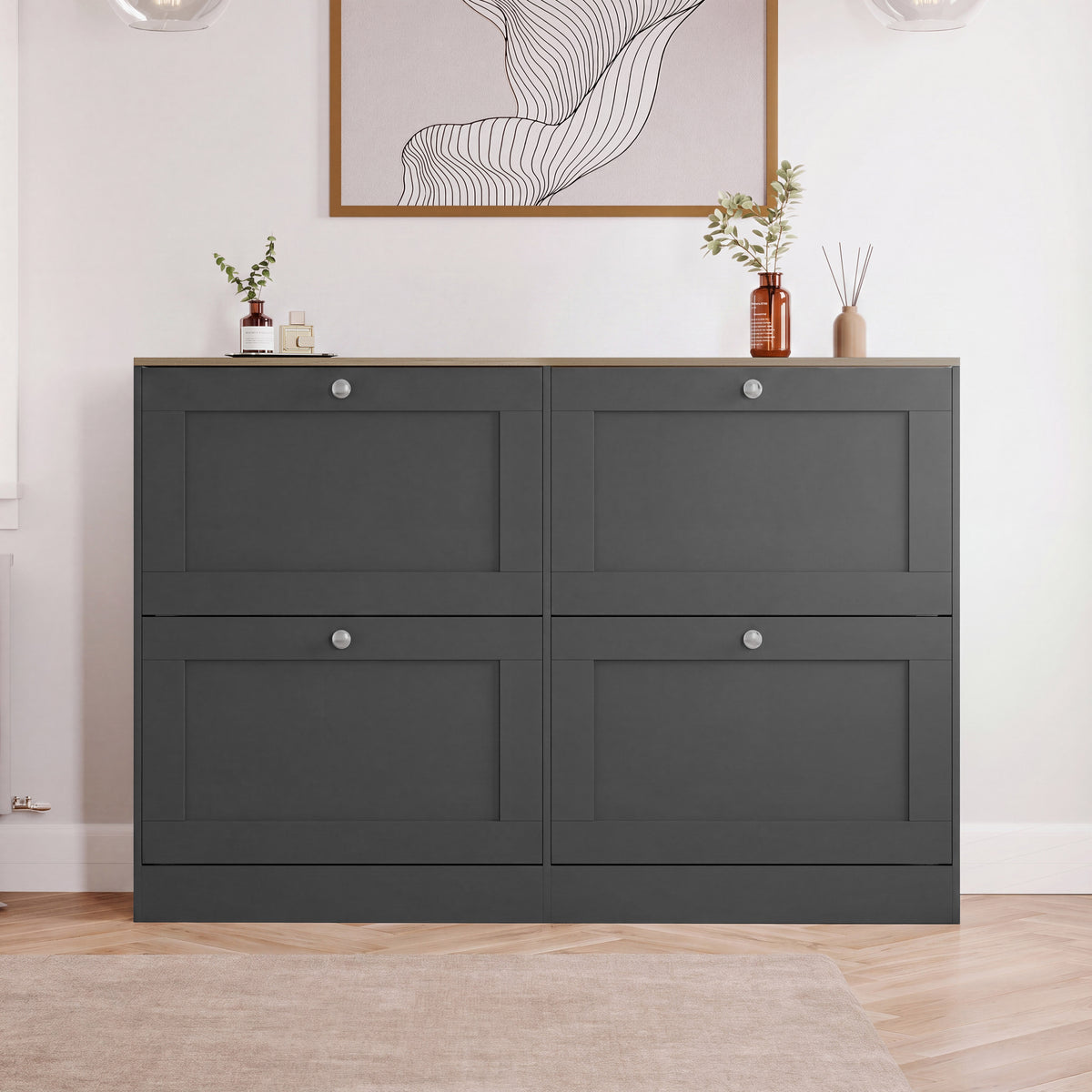 4 Drawer Shoe Cabinet, Charcoal Grey & Oak