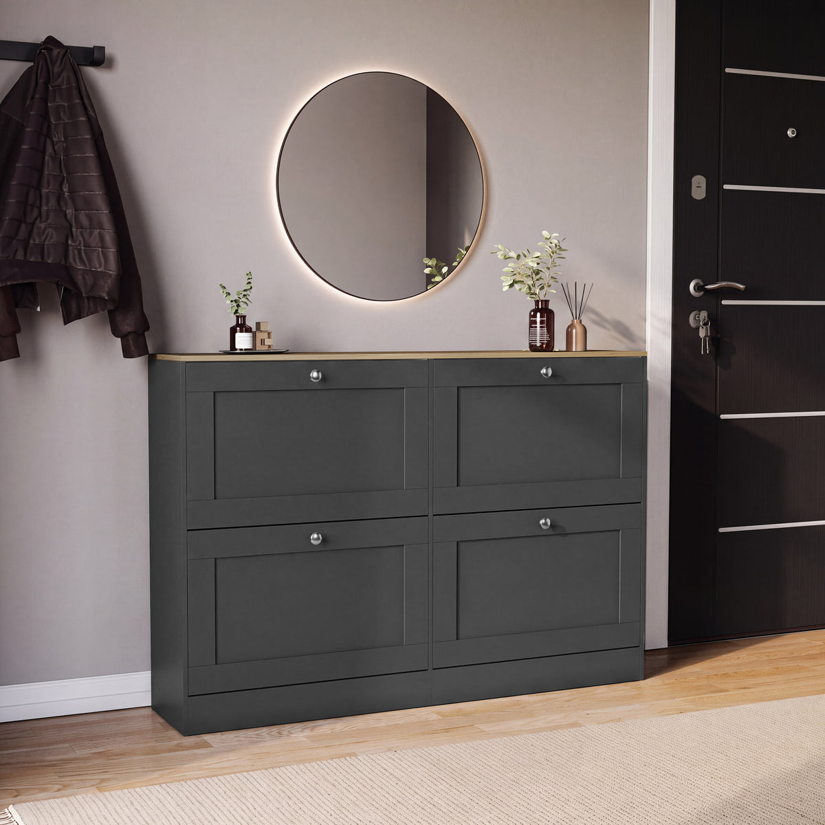 4 Drawer Shoe Cabinet, Charcoal Grey & Oak