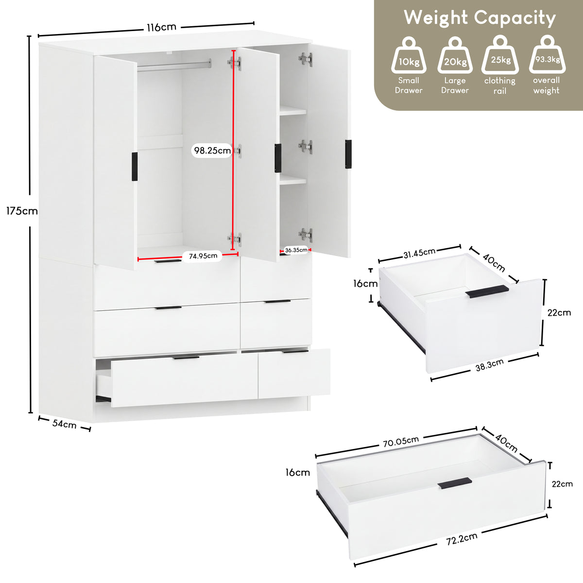 Trega 3 Door 6 Drawer Wardrobe, White