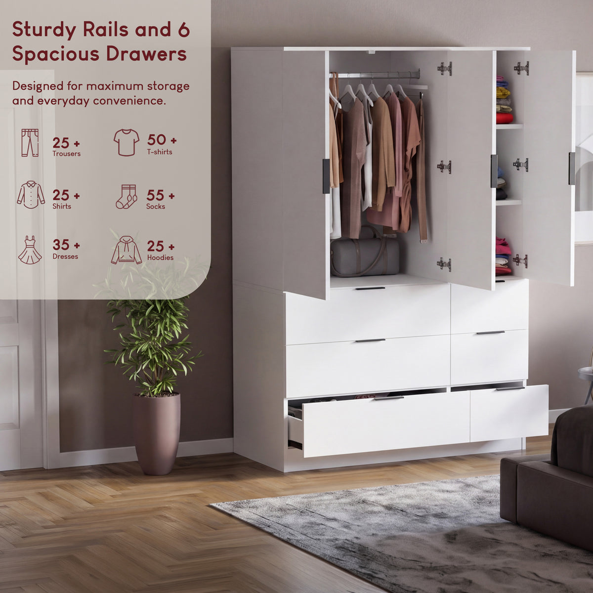Trega 3 Door 6 Drawer Wardrobe, White