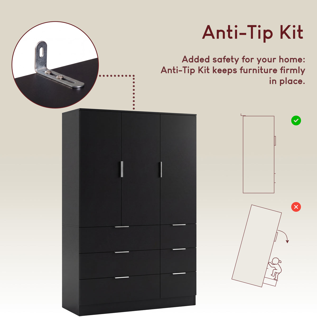 Trega 3 Door 6 Drawer Wardrobe, Black