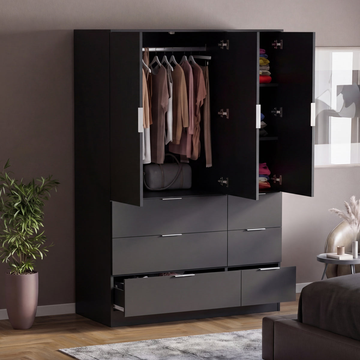 Trega 3 Door 6 Drawer Wardrobe, Black