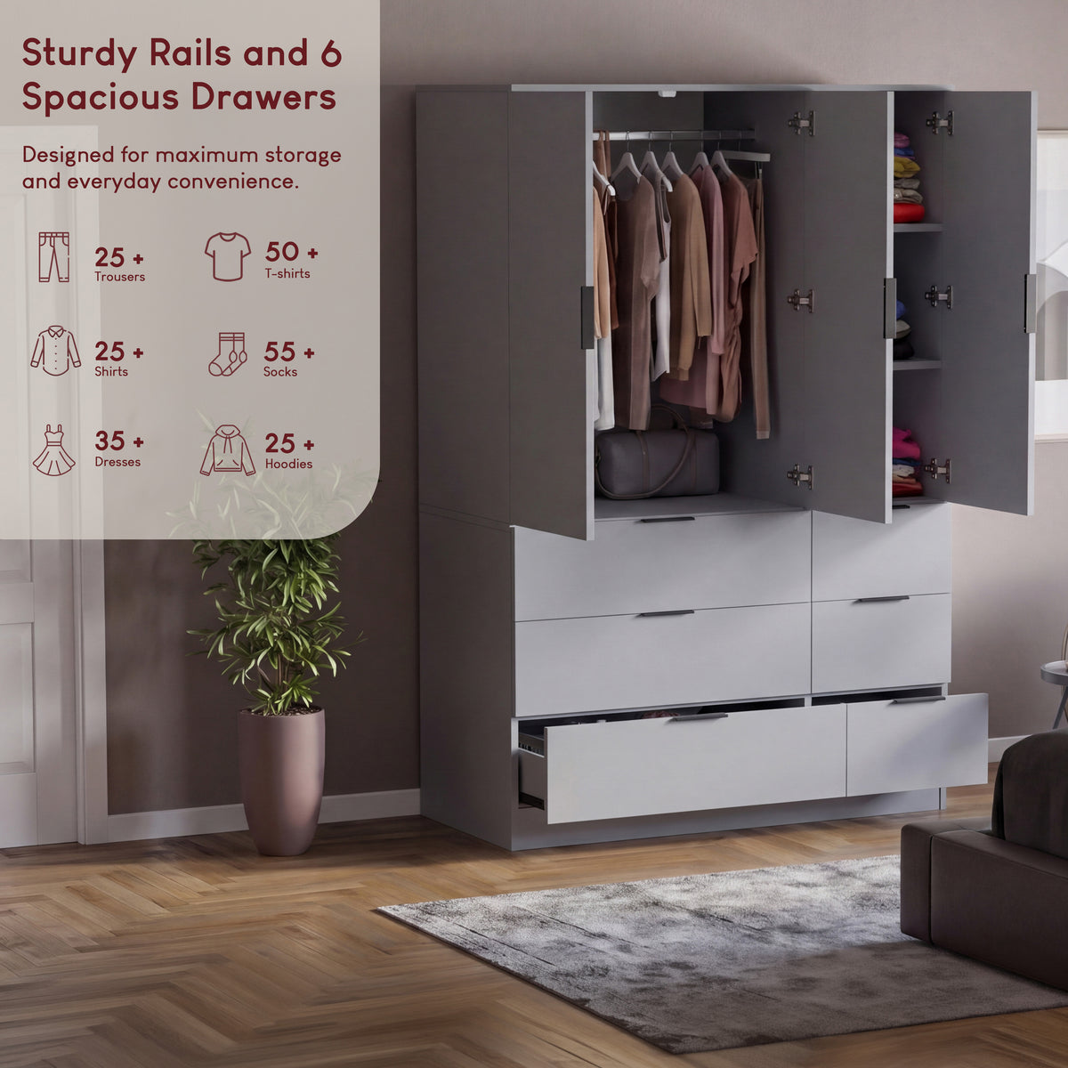 Trega 3 Door 6 Drawer Wardrobe, Grey