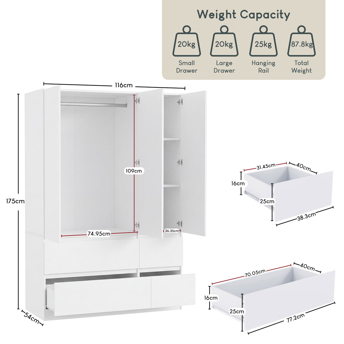 Denver 3 Door 4 Drawer Wardrobe, White
