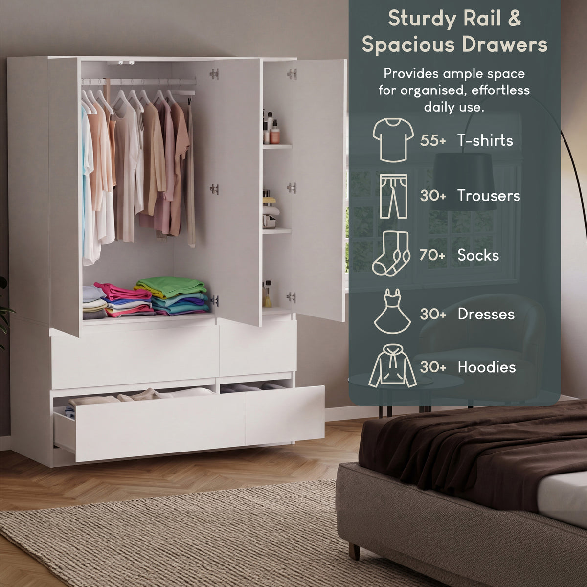Denver 3 Door 4 Drawer Wardrobe, White