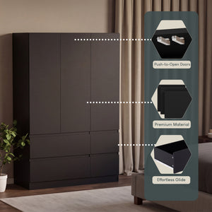 Denver 3 Door 4 Drawer Wardrobe, Black