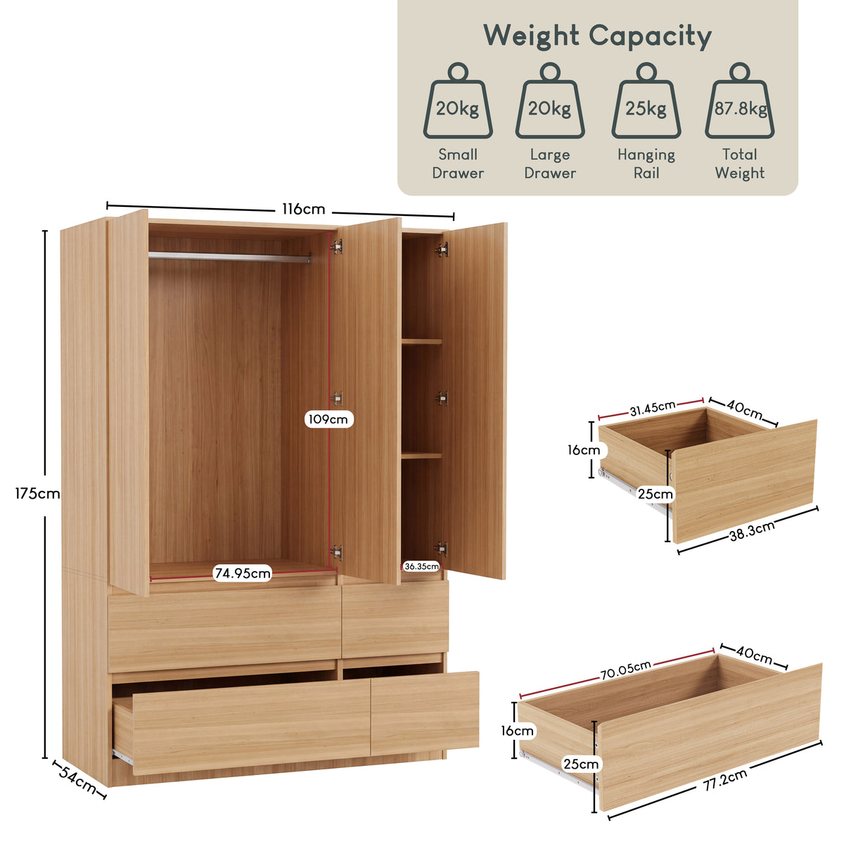 Denver 3 Door 4 Drawer Wardrobe, Pine