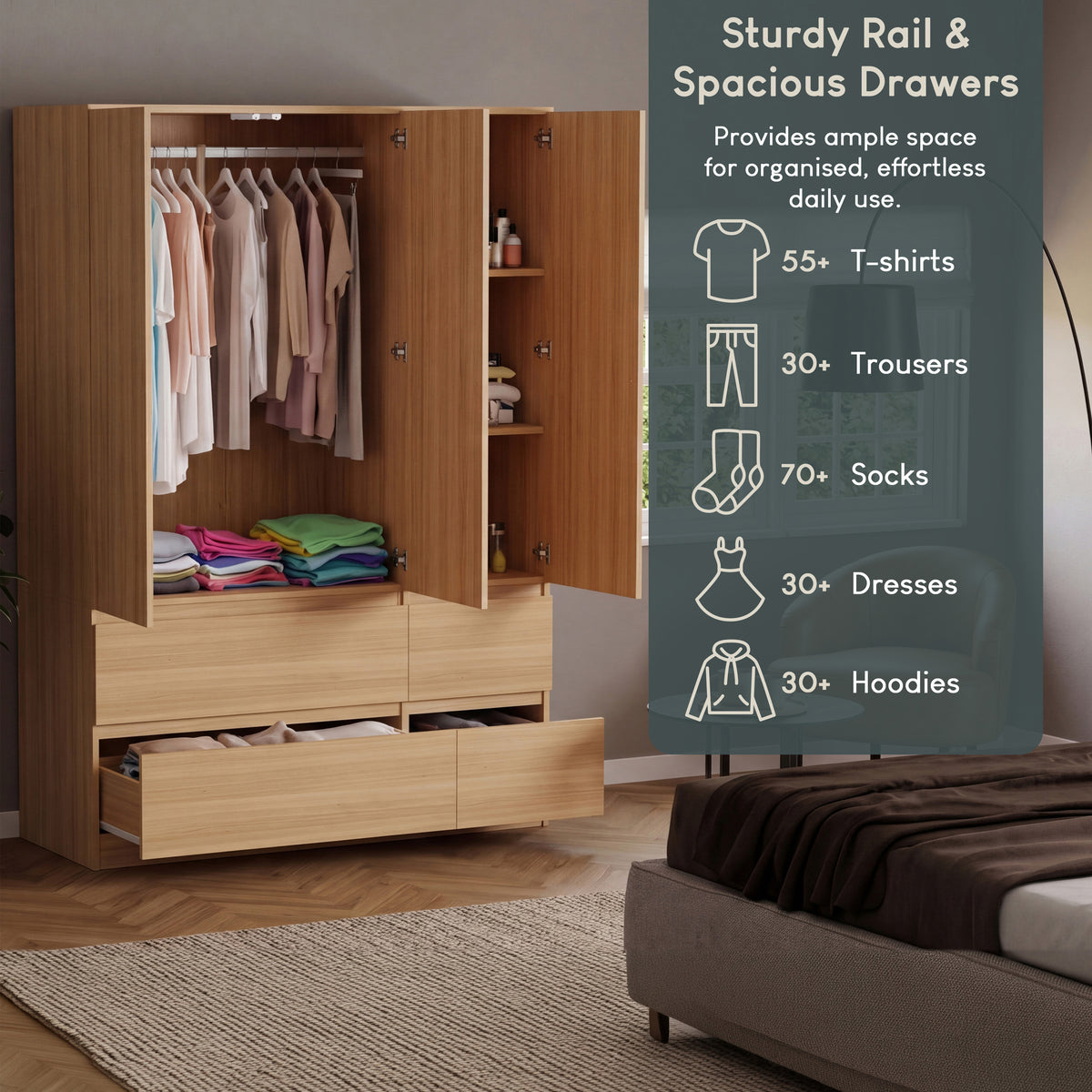 Denver 3 Door 4 Drawer Wardrobe, Pine