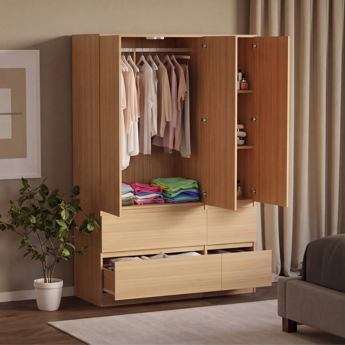 Denver 3 Door 4 Drawer Wardrobe, Pine