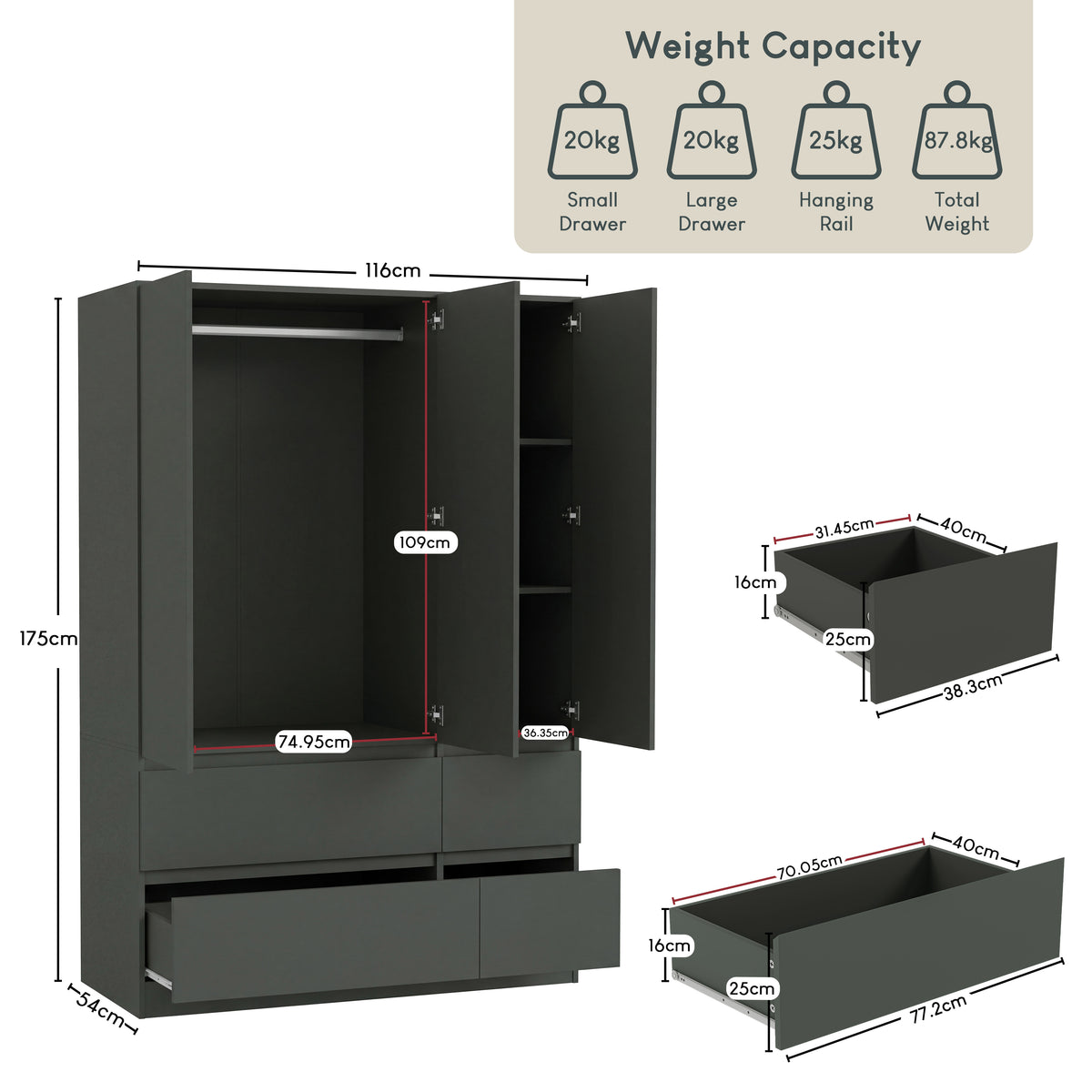 Denver 3 Door 4 Drawer Wardrobe, Jasper Green