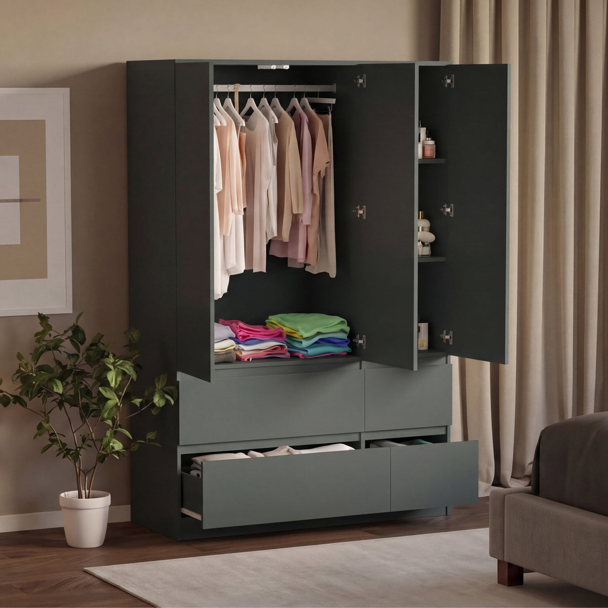 Denver 3 Door 4 Drawer Wardrobe, Jasper Green