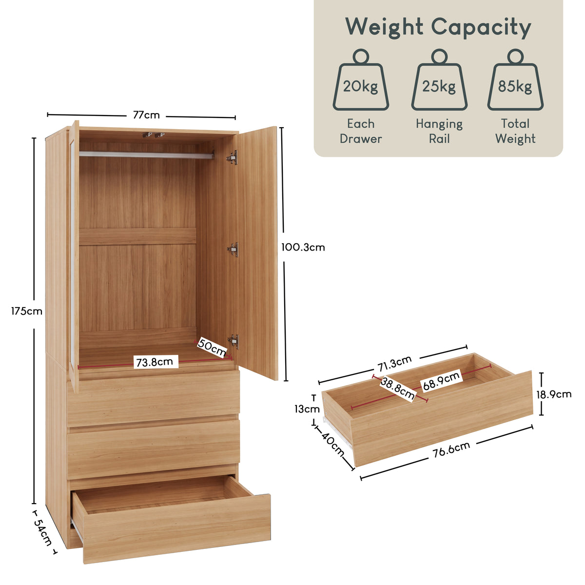 Denver 2 Door 3 Drawer Mirrored Wardrobe, Pine