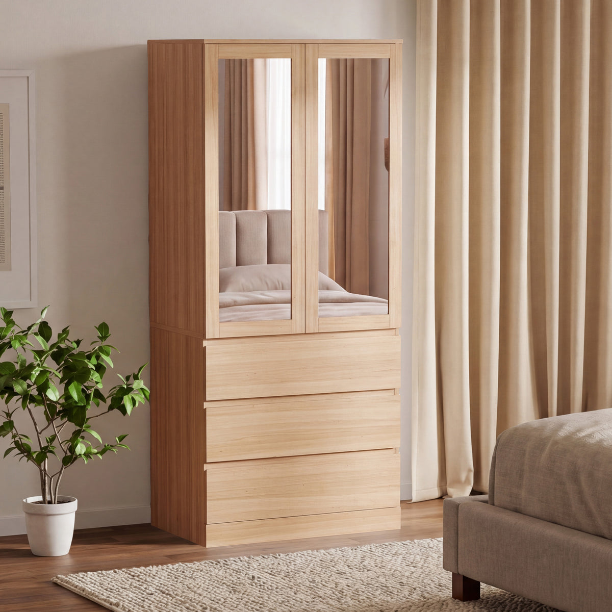 Denver 2 Door 3 Drawer Mirrored Wardrobe, Pine