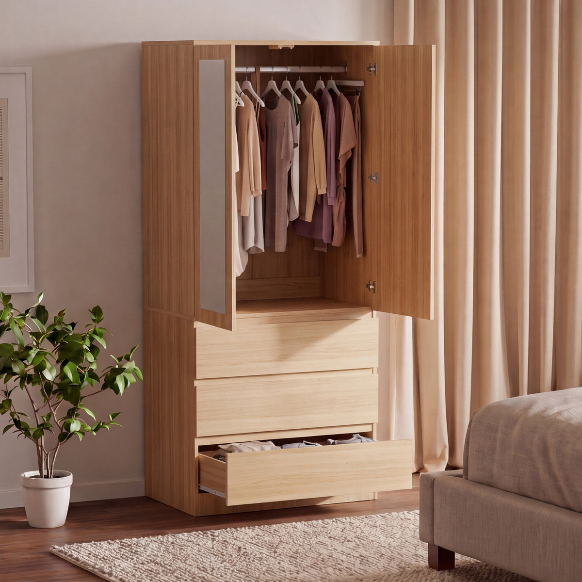 Denver 2 Door 3 Drawer Mirrored Wardrobe, Pine