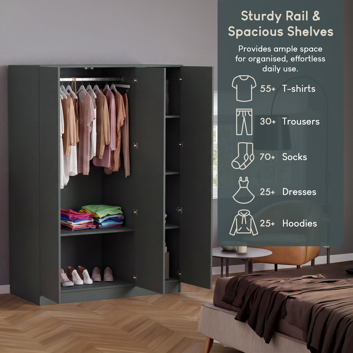 Denver 3 Door Mirrored Wardrobe, Green