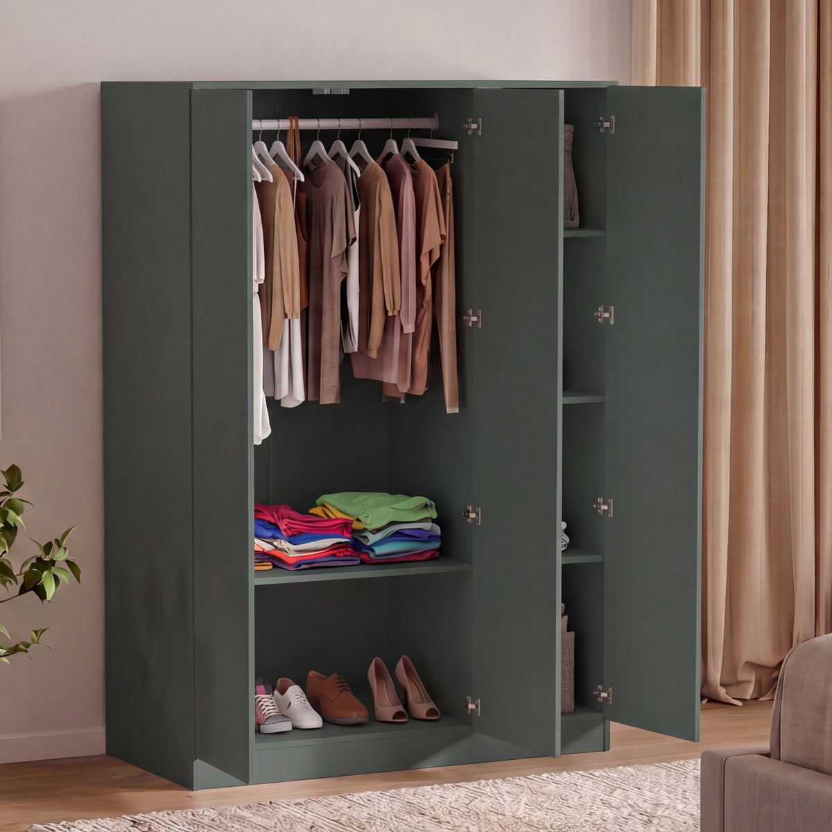 Denver 3 Door Mirrored Wardrobe, Green