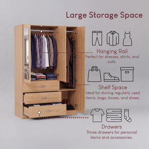 Riano 3 Door 3 Drawer Mirrored Wardrobe, Pine