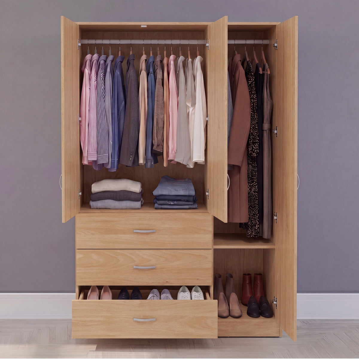 Riano 3 Door 3 Drawer Mirrored Wardrobe, Pine