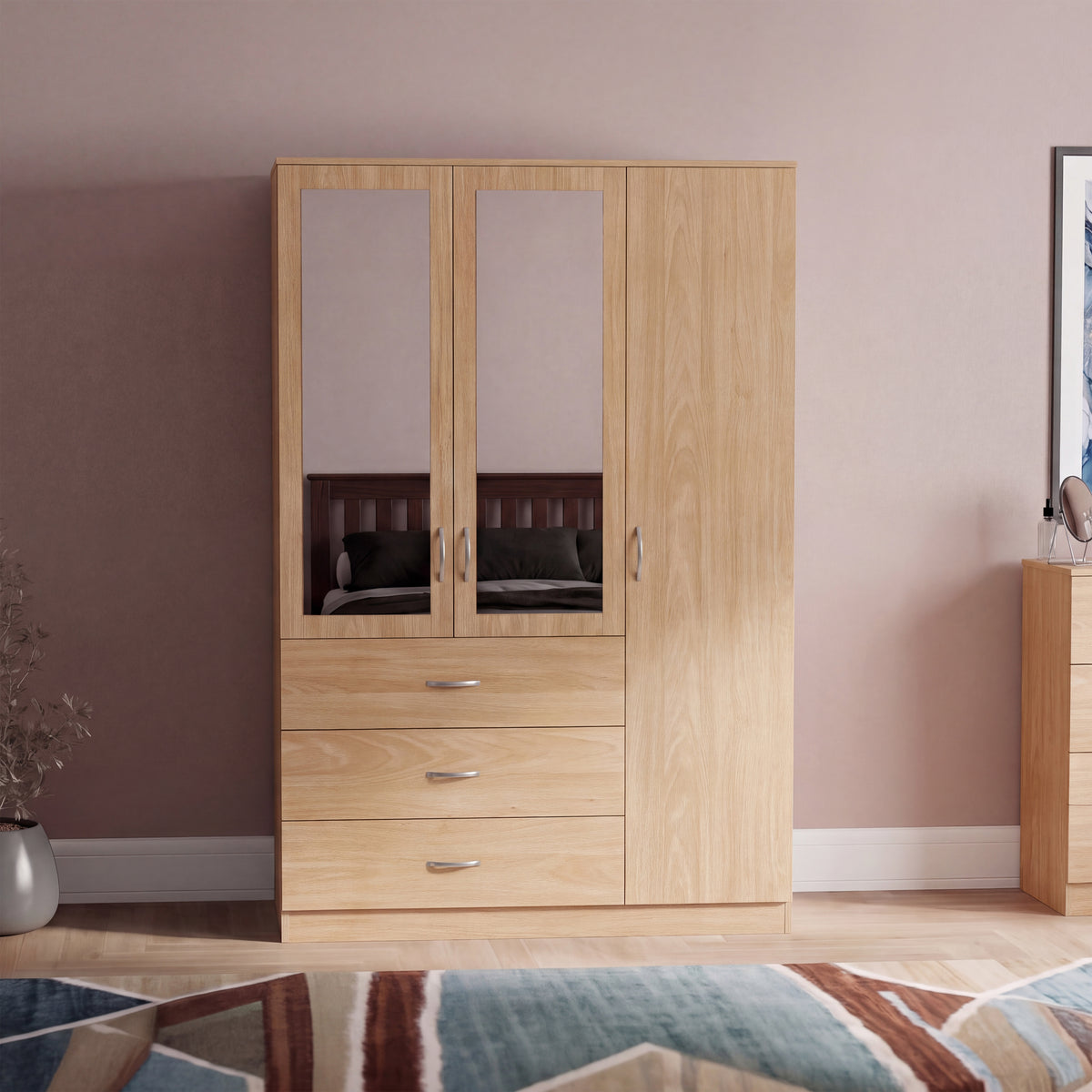 Riano 3 Door 3 Drawer Mirrored Wardrobe, Pine