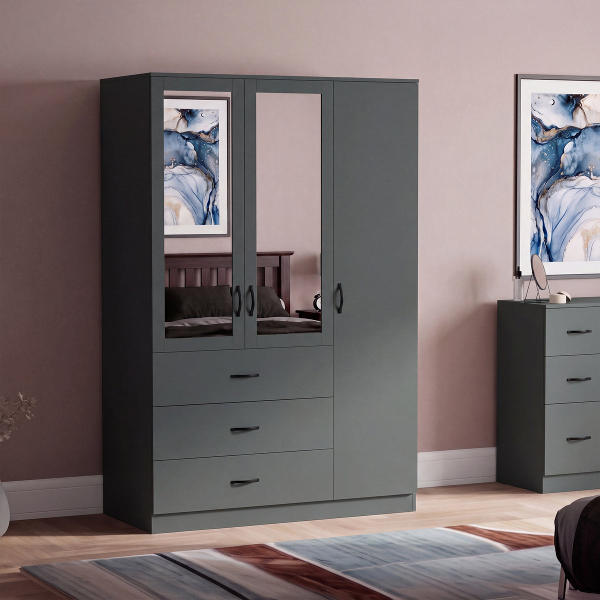 Riano 3 Door 3 Drawer Mirrored Wardrobe, Green