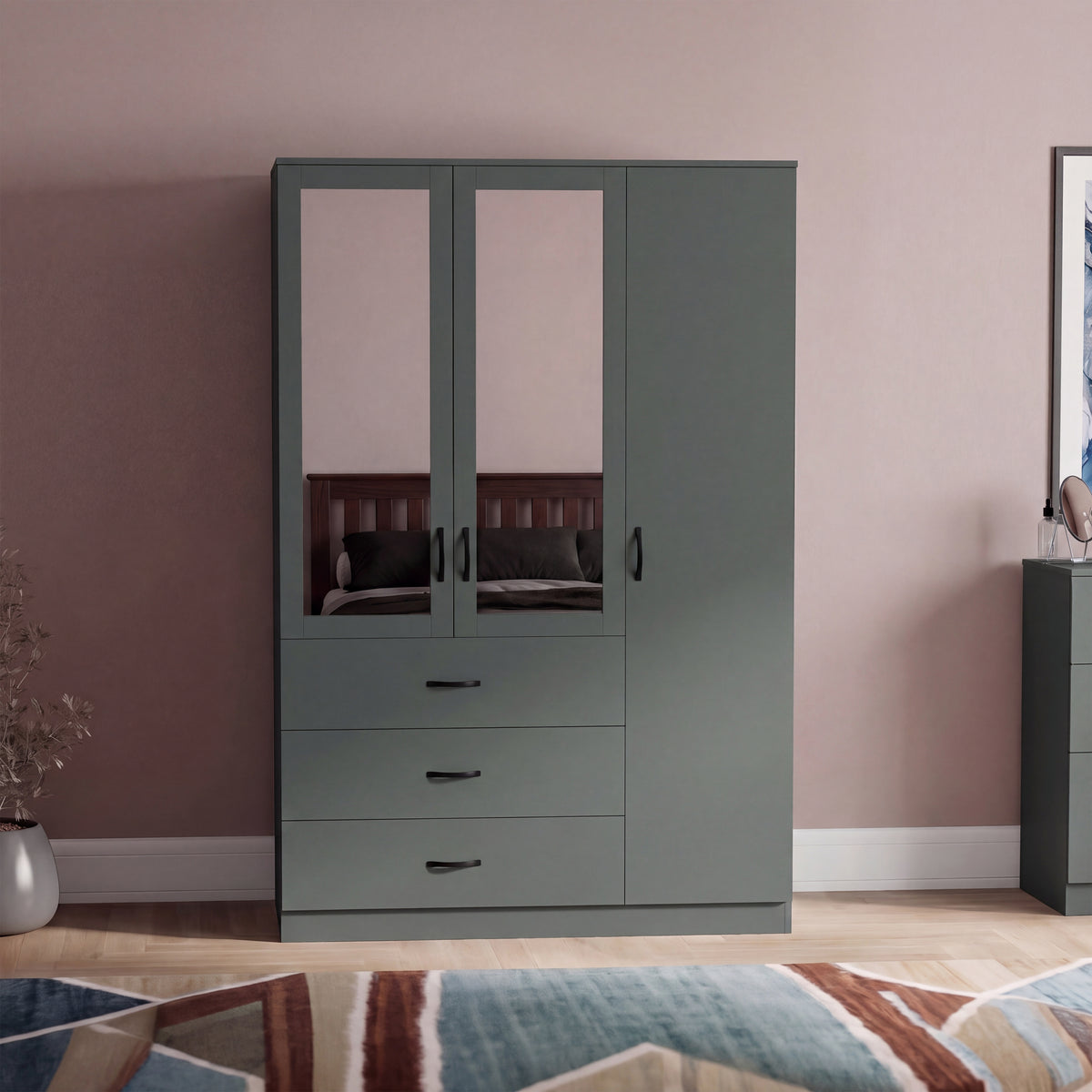 Riano 3 Door 3 Drawer Mirrored Wardrobe, Green