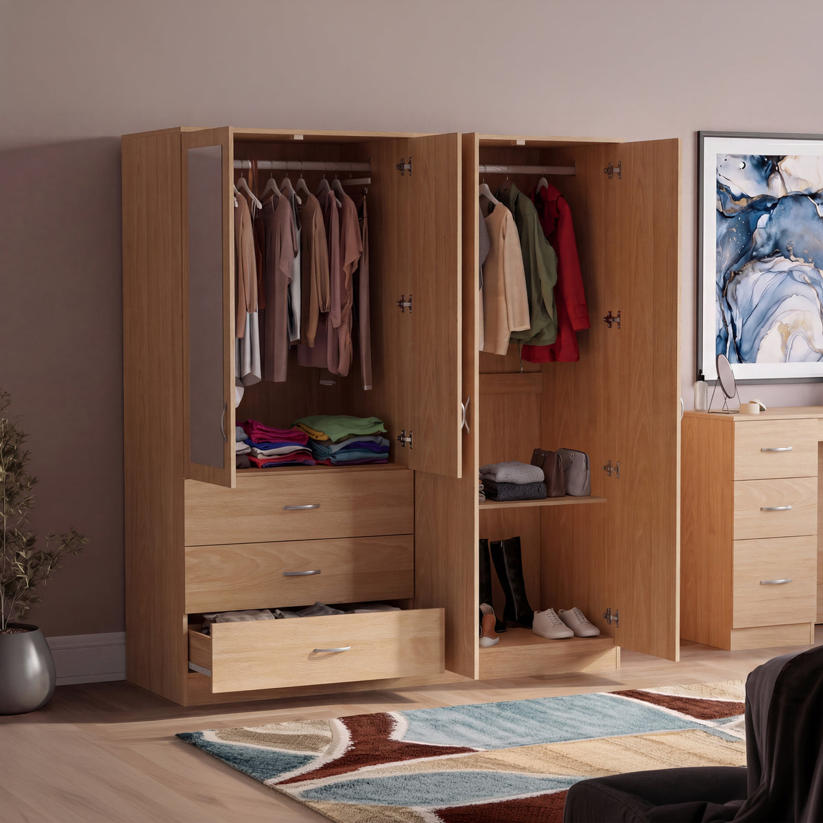 Riano 4 Door 3 Drawer Mirrored Wardrobe – Pine