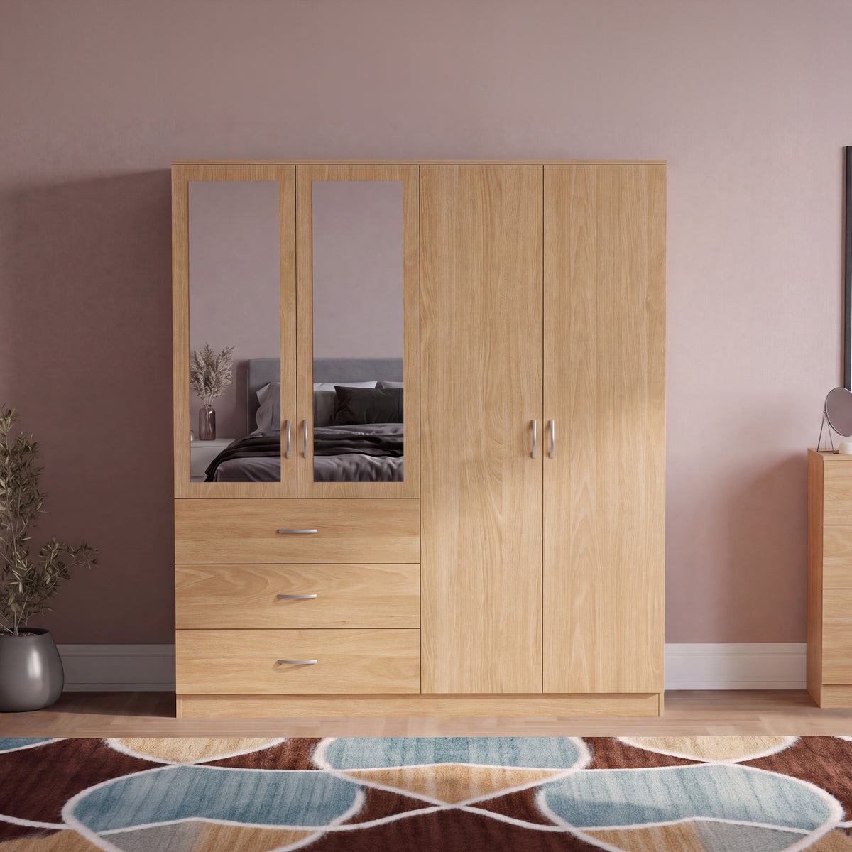 Riano 4 Door 3 Drawer Mirrored Wardrobe – Pine