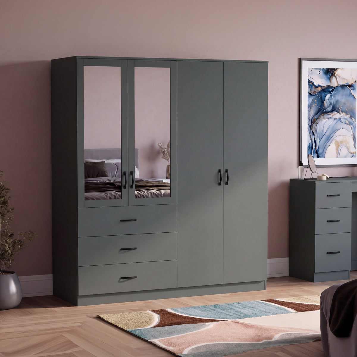 Riano 4 Door 3 Drawer Mirrored Wardrobe – Green