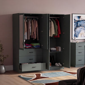 Riano 4 Door 3 Drawer Mirrored Wardrobe – Green