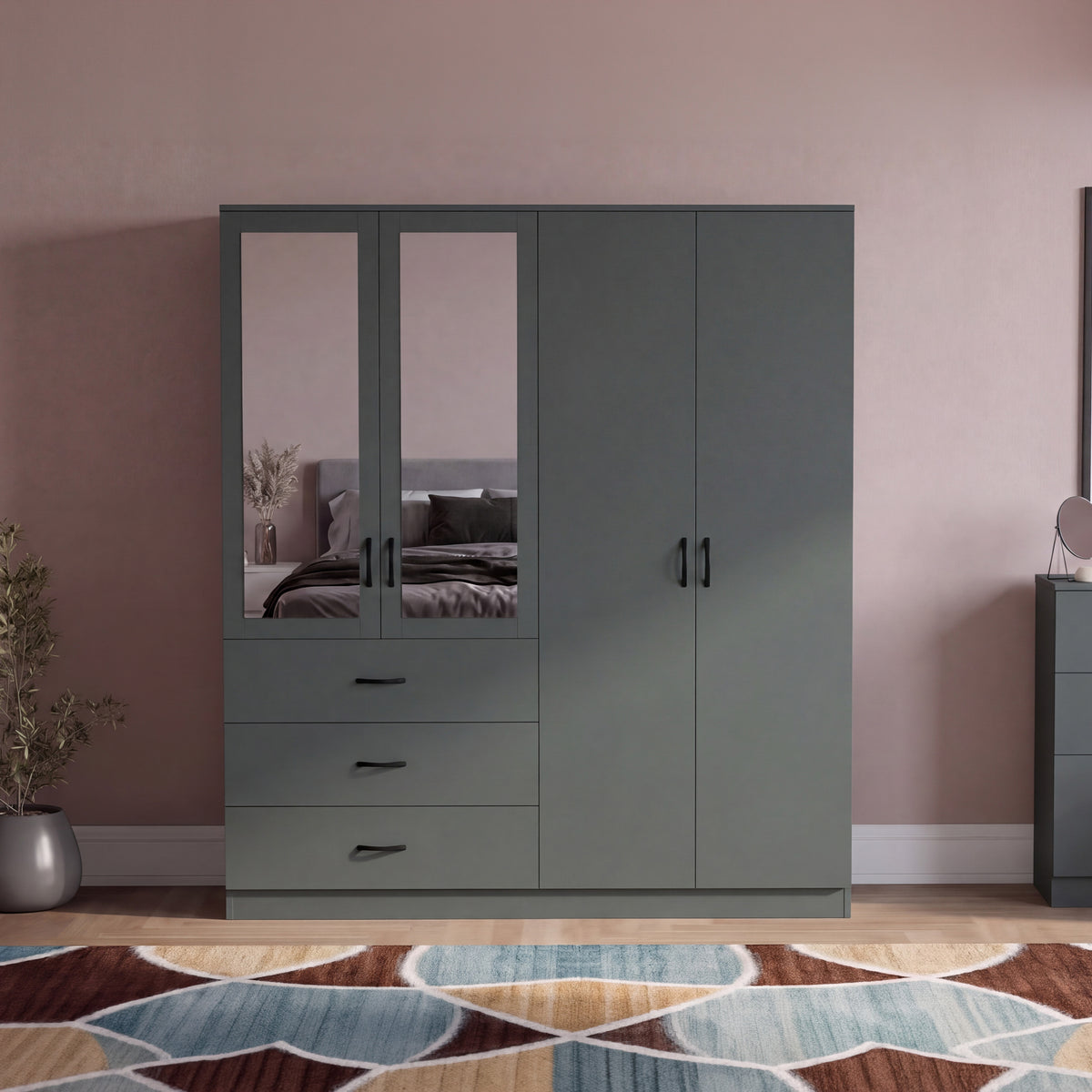 Riano 4 Door 3 Drawer Mirrored Wardrobe – Green