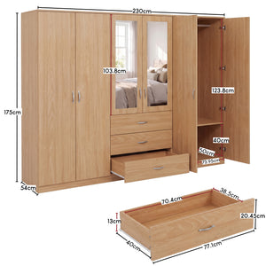 Riano 6 Door 3 Drawer Mirrored Wardrobe, Pine