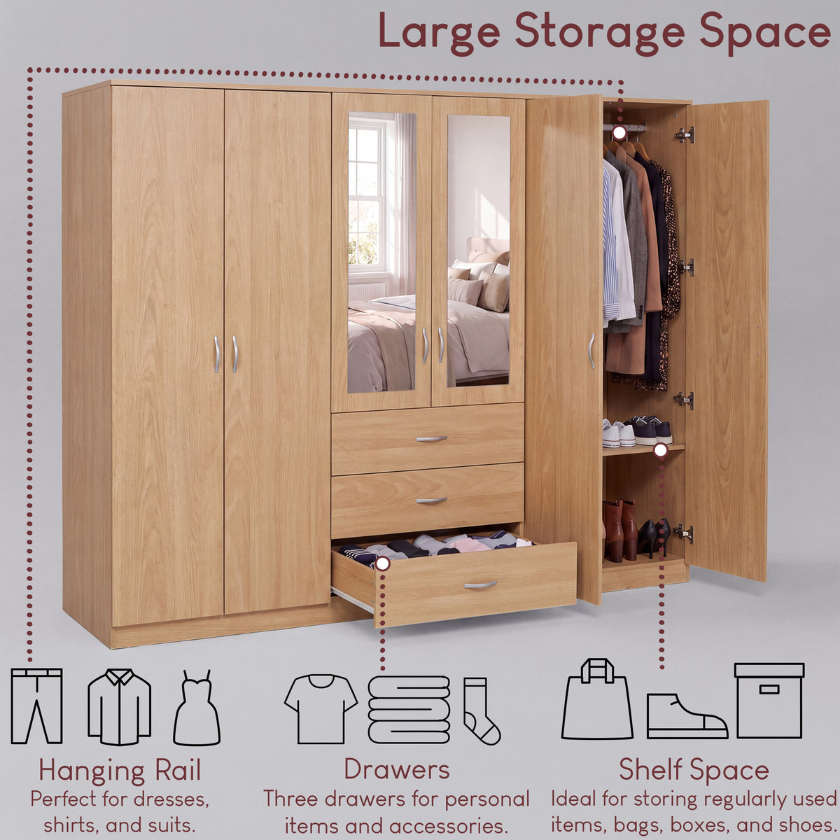 Riano 6 Door 3 Drawer Mirrored Wardrobe, Pine